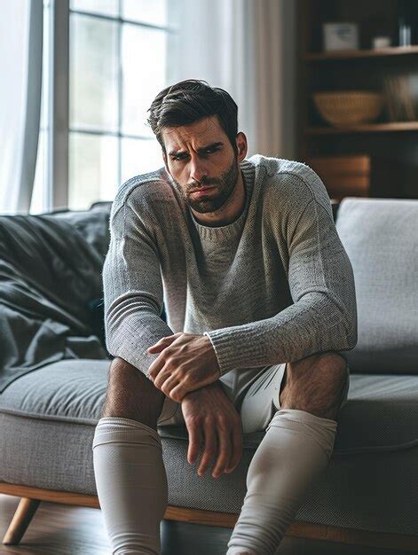 Premium Photo A Thoughtful Man Sits On A Couch With A Knee Support