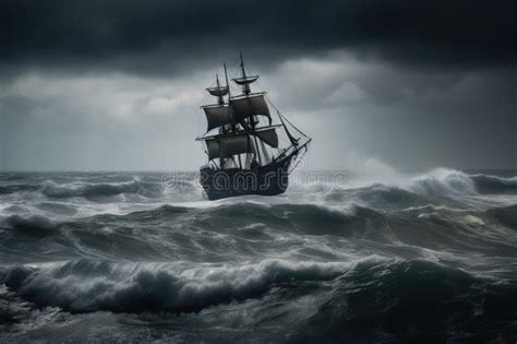 Stormy Seas With Pirate Ship Sailing Through Choppy Waves Stock Photo