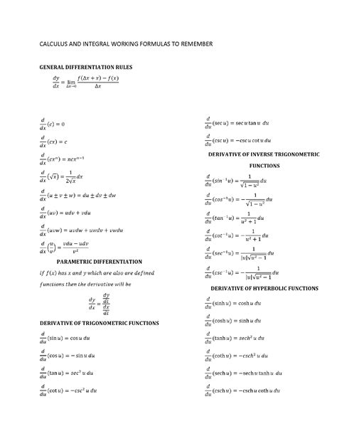 SOLUTION: Derivative formulas calculus - Studypool