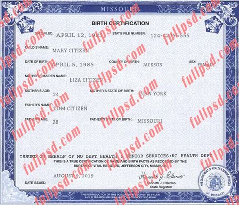 Download Usa Missouri Birth Certificate Psd Template Fully Editable Fullpsd