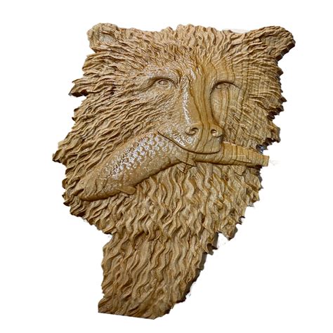 Bear with trout in mouth 3D wood carving