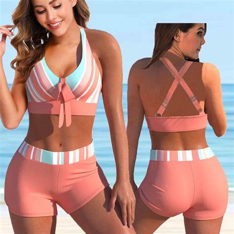 Cump R Nou Set De Bikini Cu Imprimeu N Dungi De Var Pentru