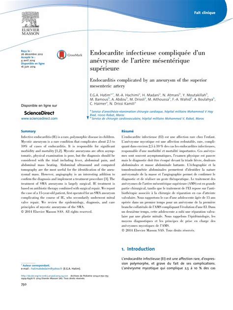 Pdf Endocardite Infectieuse Compliquée D’un Anévrysme De L’artère Mésentérique Supérieure