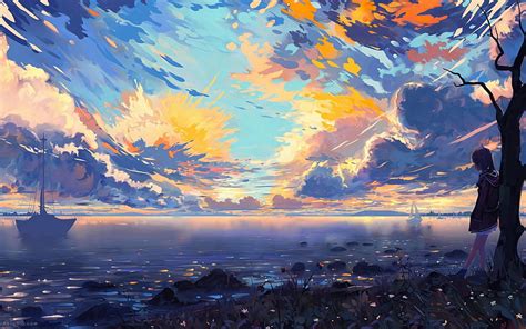 Anime Landscape Sea Ships Colorful Clouds Scenic Tree Horizon