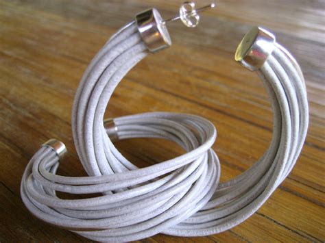 Silver Hoops Sterling Silver Hoops Leather Hoops White - Etsy