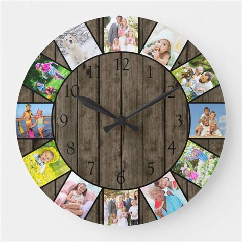 Custom 12 Photo Collage Rustic Dark Wood Round Large Clock Zazzle