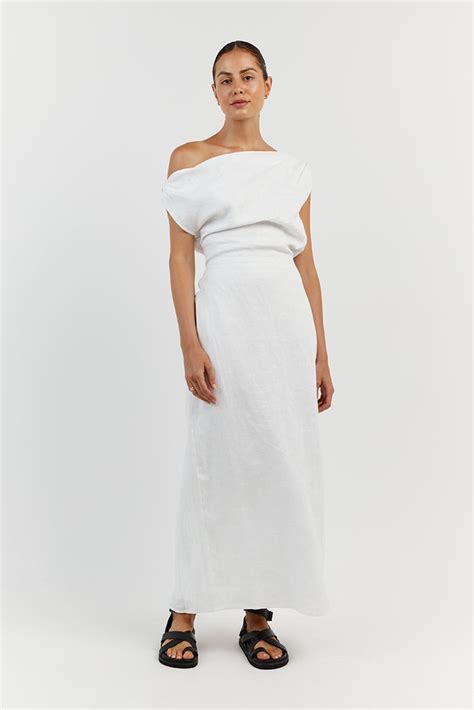 Cass White Linen Asym Midi Dress Dissh