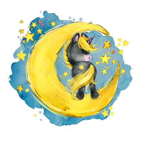 Unicórnio Bonito Na Lua Ilustração Do Céu Do Conto De Fadas Da Noite Da