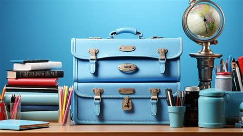 Premium AI Image | A blue desk with a blue box and a pencil case with a ...