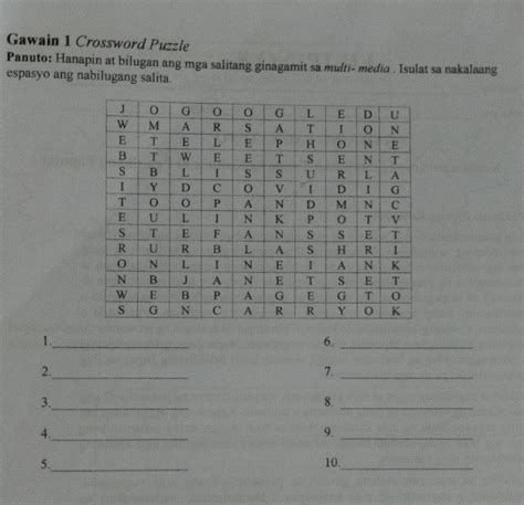 Gawain Crossword Puzzle Panuto Hanapin At Bilugan Ang Mga Salitang