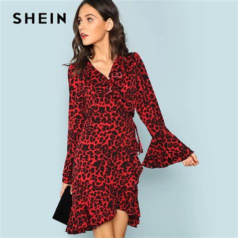 Shein Red Leopard Print Ruffle Trim Surplice Wrap Dress Beach Vacation