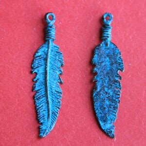 0084 MADE In GREECE Mykonos Green Patina Feather Pendant Green Patina