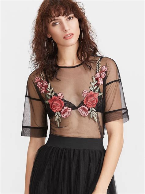 Romwe Embroidered Rose Applique Sheer Mesh Topxs Women Sexy Blouse