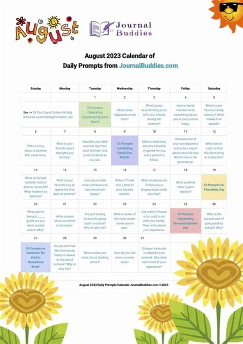 August Printable Prompts Calendar Aug 2023