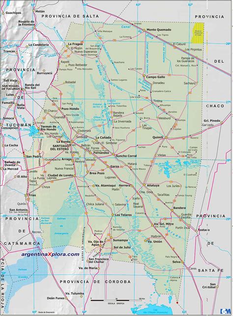 Mapa De Rutas Y Localidades De La Provincia De Santiago Del Estero