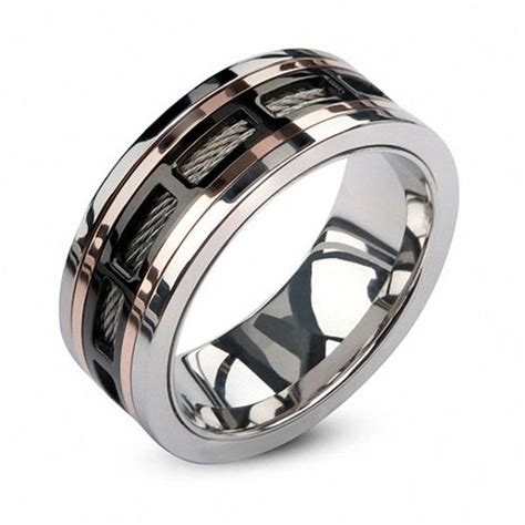 Men S Mm Cable Inlay Band In Tri Tone Stainless Steel Zales Rings