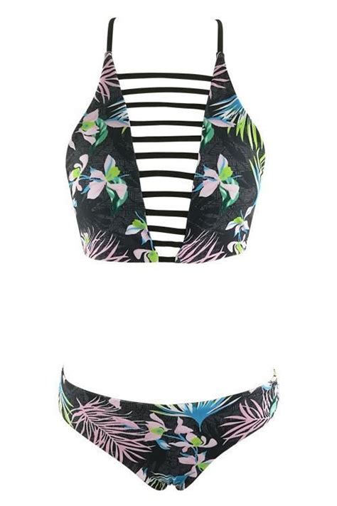 Black Strappy Caged Floral Leaf Print High Neck Sexy Bikini Set