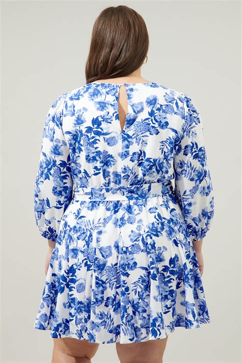 Antoinette Blue Floral Collins Godet Mini Dress Curve Sugarlips