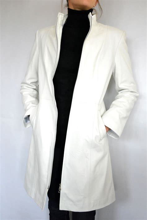 Women Long Leather Coat Made Of Genuine Leather In White Etsy