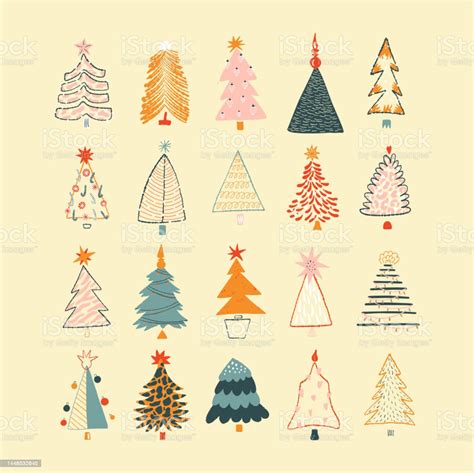 Set Of Christmas Trees In Scandinavian Style New Years And Xmas Traditional Symbol Tree With