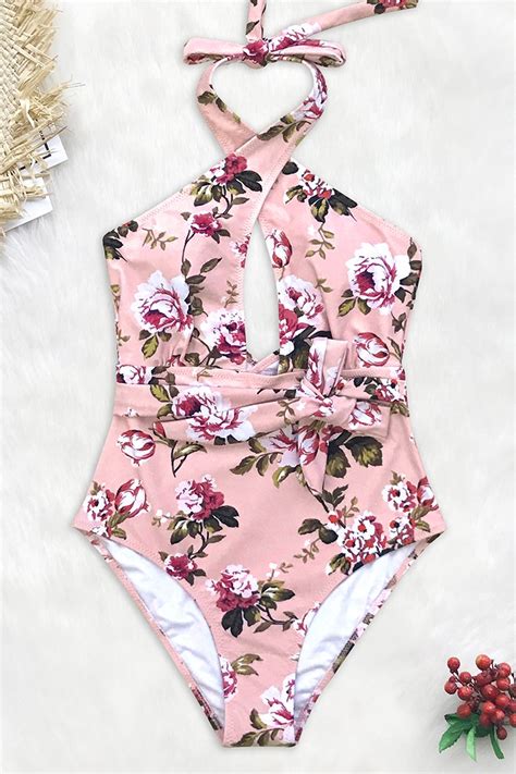 Pink Floral Belted One Piece Swimsuit