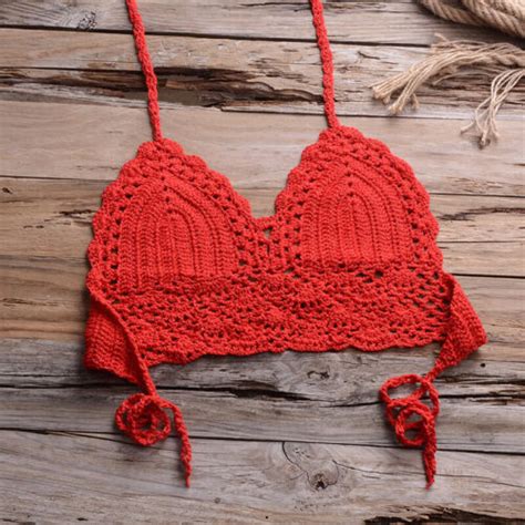 Women Bikini Crop Top Crochet Boho Bralette Halter Cami Knitted Bra