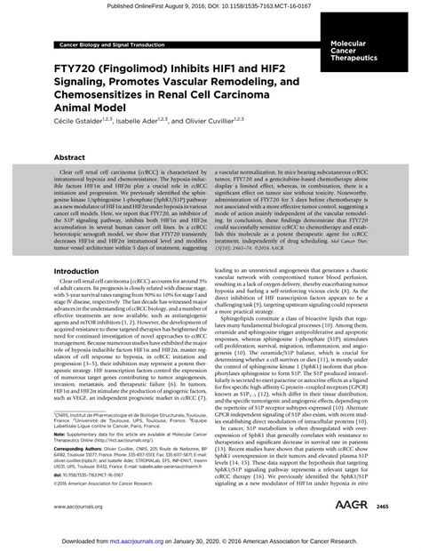 Pdf Fty Fingolimod Inhibits Hif And Hif Signaling