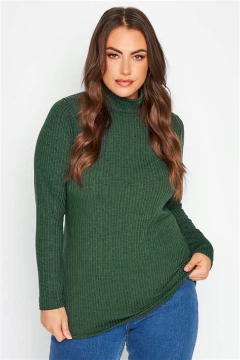 Limited Collection Plus Size Green Marl Ribbed Turtle Neck Top Yours Clothing