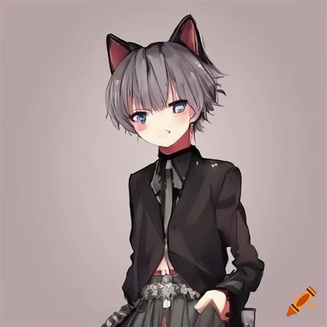 Cute Anime Catboy In A Black Pleaded Skirt On Craiyon