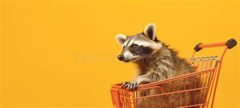 Cheerful Raccoon In A Supermarket Trolley On Orange Background Banner