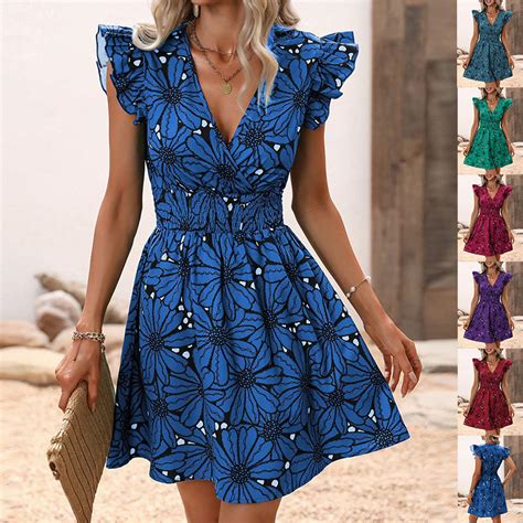 New Flowers Print Ruffled Sleeveless Dress Summer Sexy Deep V Neck Slim