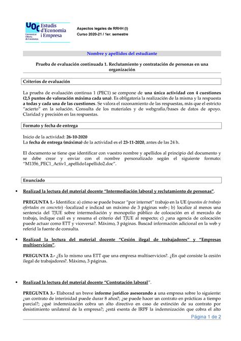 Castellano PEC 1 20202021 1semestre Aspectos Legales De RRHH I