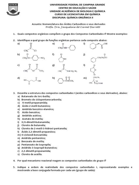 Lista De Exercícios Nomenclatura Dos Ácidos Carboxílicos E Seus