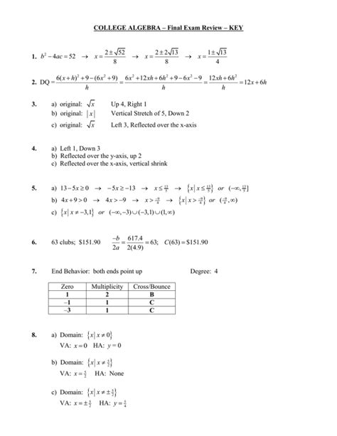 College Algebra Final Exam Review Key 1 2