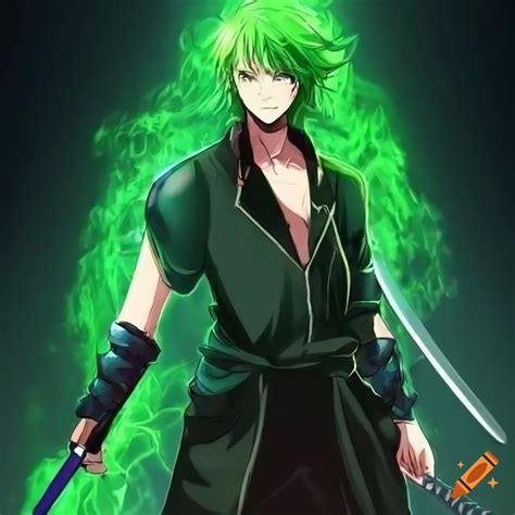 Swordsman With Green Hair And Green Aura Wielding A Katana Wearing