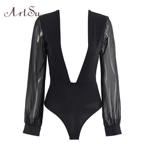 Artsu Sexy Mesh Women Bodysuit Black Club Playsuit Romper V Neck Body