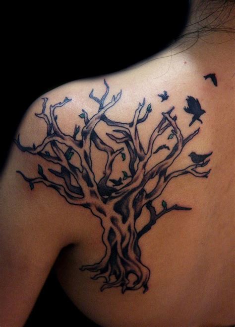 Black Tree With Birds Tattoo On Shoulder Blade Tattooimages Biz