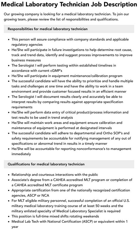 Medical Laboratory Technician Job Description | Velvet Jobs