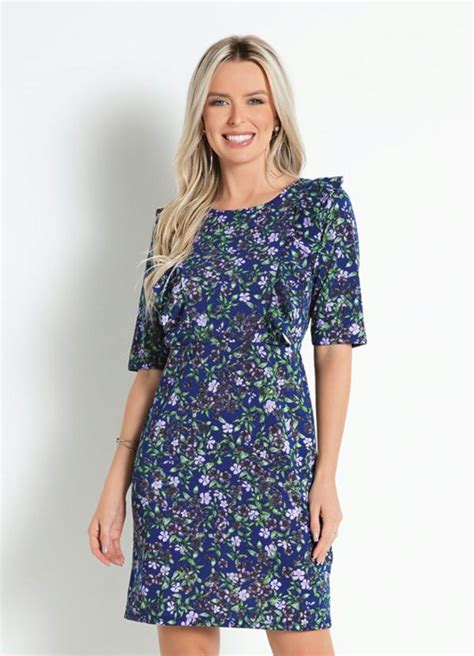 Moda Pop Vestido Tubinho Floral Marinho