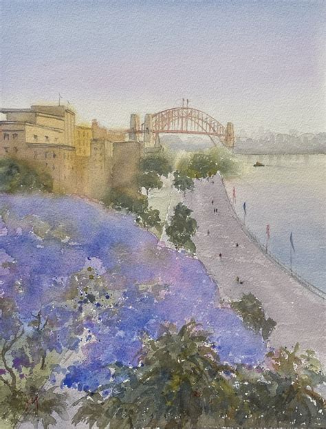 Sydney harbour - harbour bridge with jacaranda Watercolour by Shelly Du ...