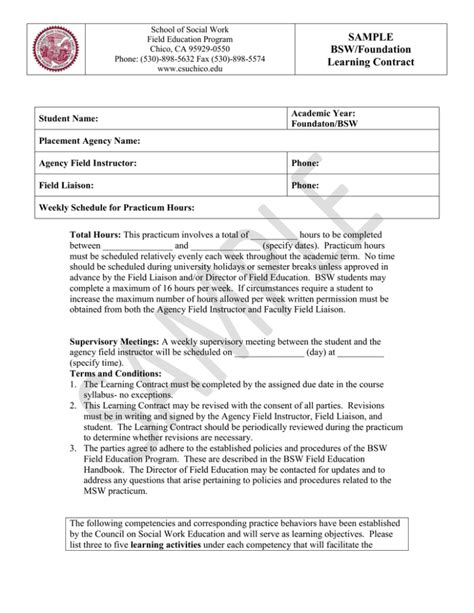 Sample Learning Contract BSW MSW Foundation