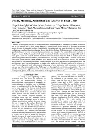 Design Modeling Application And Analysis Of Bevel Gears Pdf