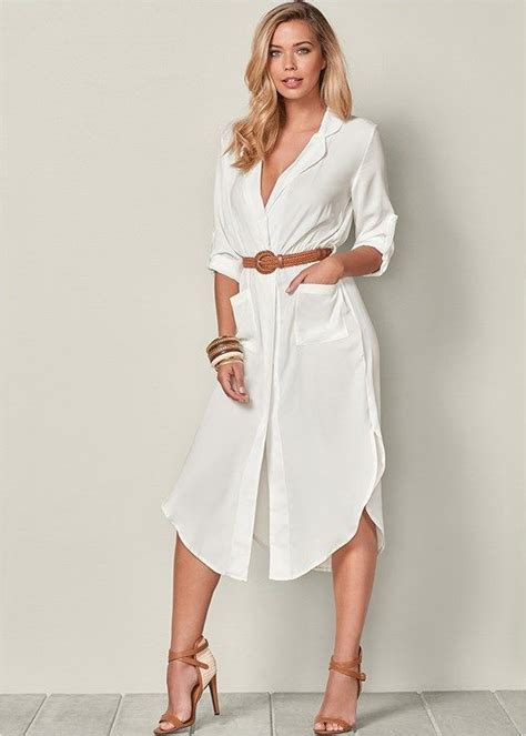 Belted Midi Shirt Dress In White Venus Midi Shirt Dress Classy