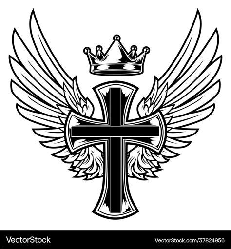 Christian cross wing crown drawing Royalty Free Vector Image