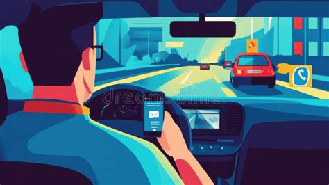 Colorful Illustration Depicting Distracted Driving With A Man Using A