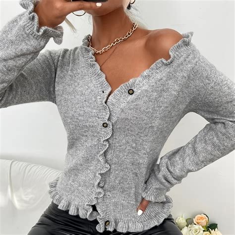 Solid Ruffle Trim V Neck Sweater Womens Long Sleeve Decor Fall Winter