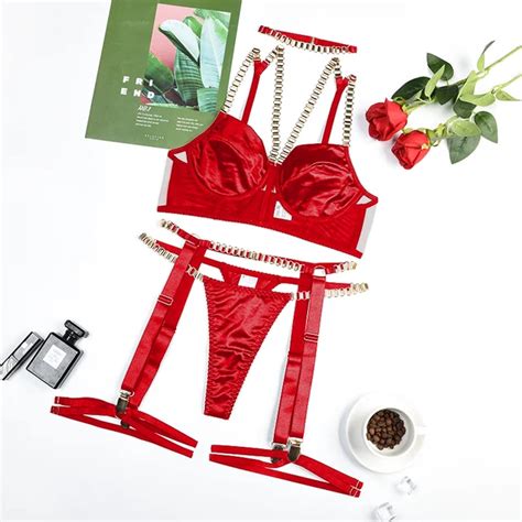 Muziskat Red Lingerie Sets For Women Luxury Exotic With Chains