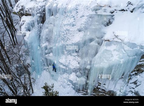 Ice Climbing The North Greece Man Climbing Frozen Waterfall Stock