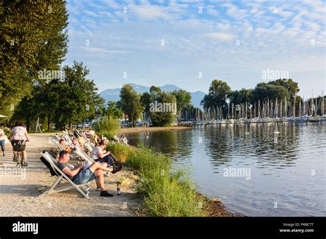 Übersee Chiemgau Lake Chiemsee Beach Lido Restaurant People At