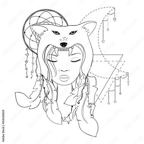 Native American Girl With Wolf Headdress Lineart Hand Drawn Vector